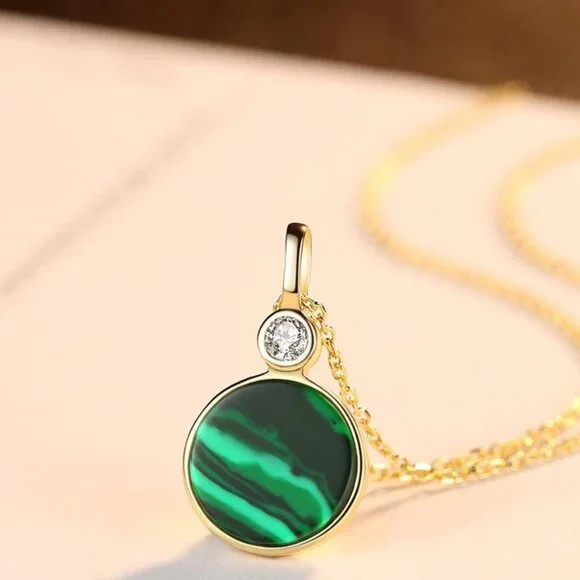 18KY Gold Plated over Sterling Silver Malachite and CZ Necklace - Picture 4 of 6